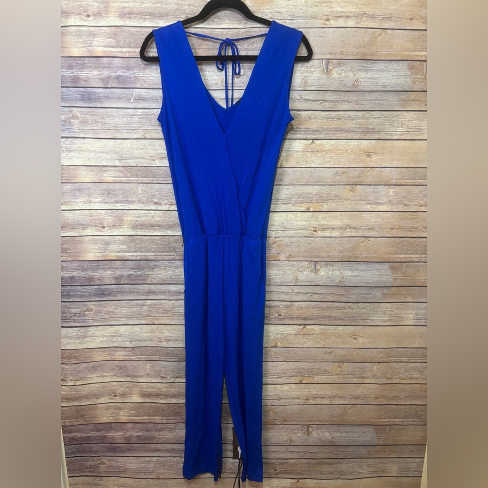 Karina Grimaldi Sleeveless Blue Jumpsuit V Neck Tie Back Size Medium